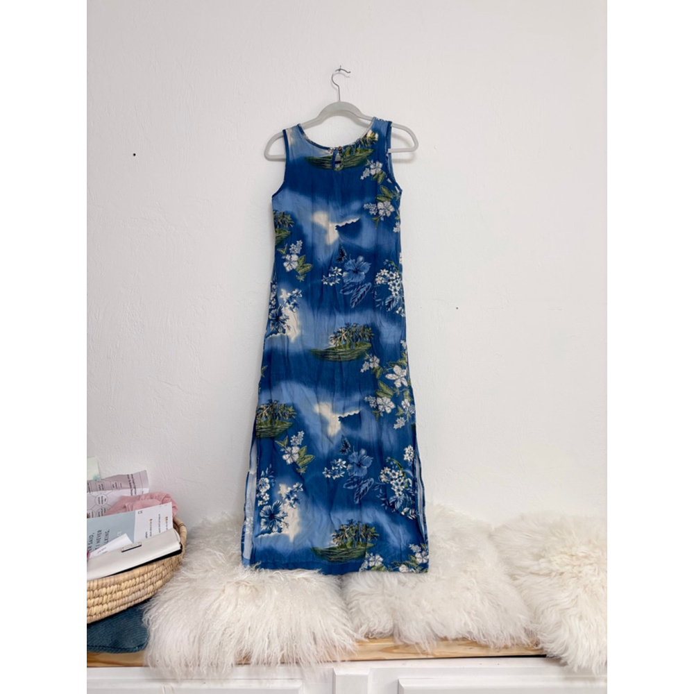Women's Marsh Landing Blue & White Tropical Floral Maxi Dress S Rayon - Picture 3 of 12